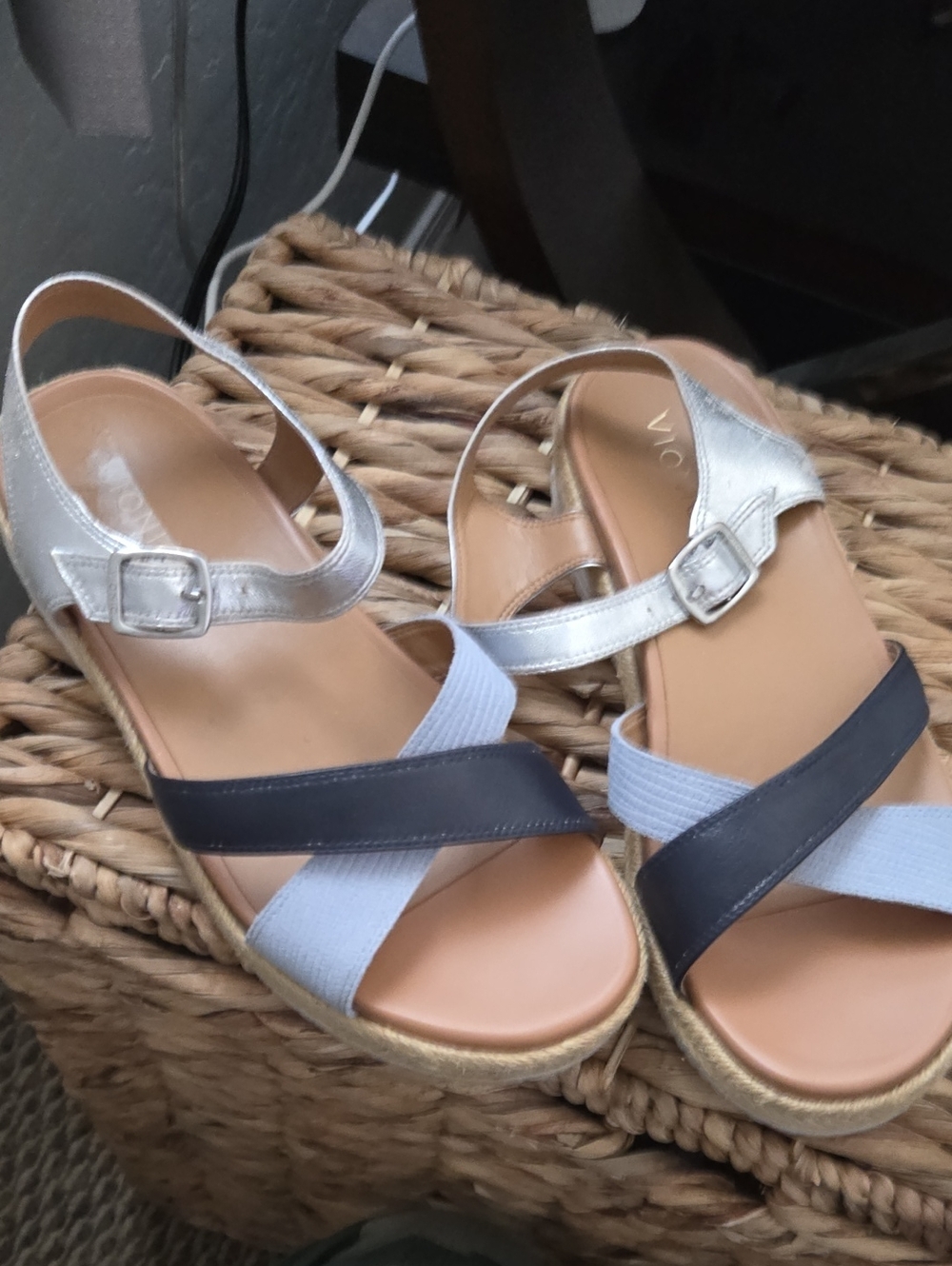 Vionic Metallic Silver and Navy Strappy Wedge Sandals